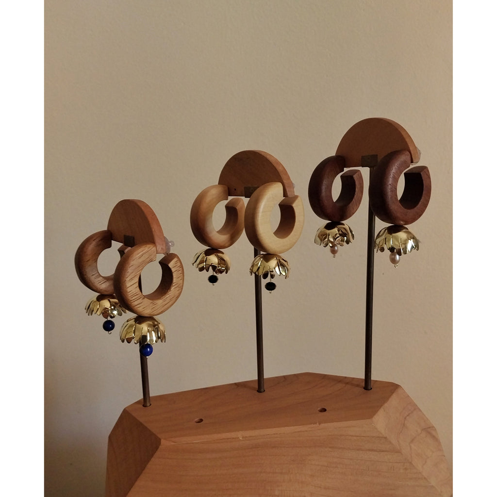 Large Hoop Flower Earring | Knysna Yellow Wood & Brass Flower with Faceted Black Swarovski Crystal Beads