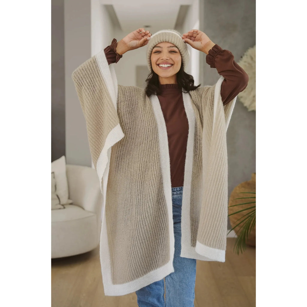 Jenna Mohair Blend Graphic Cape | Stone with Cream Tipping