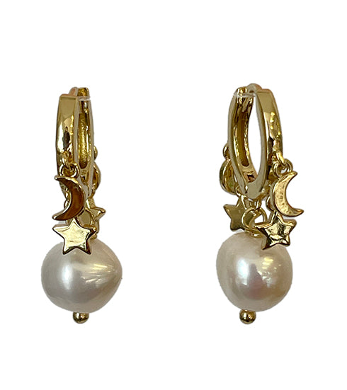 Gold SMALL STAR AND MOON HOOPS WITH PEARL