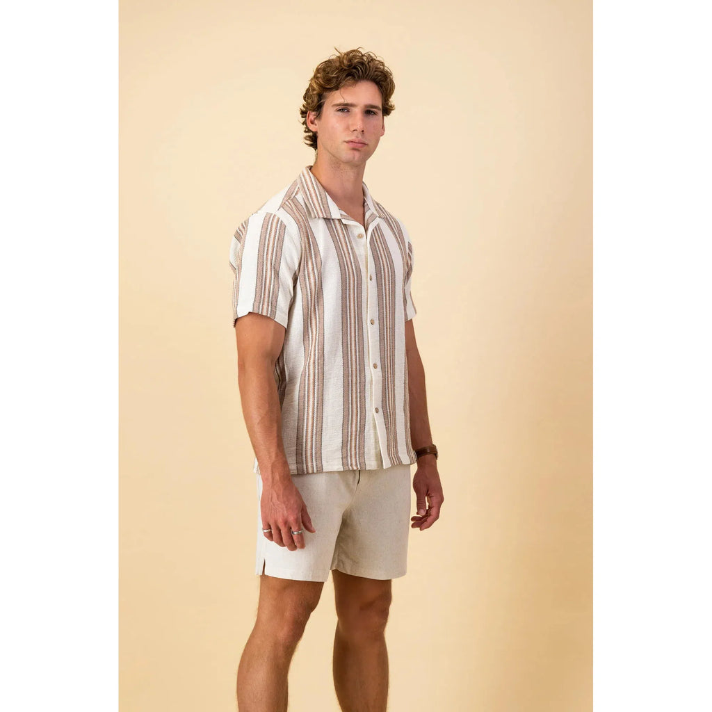 Short sleeve shirt | cotton retro stripe brown