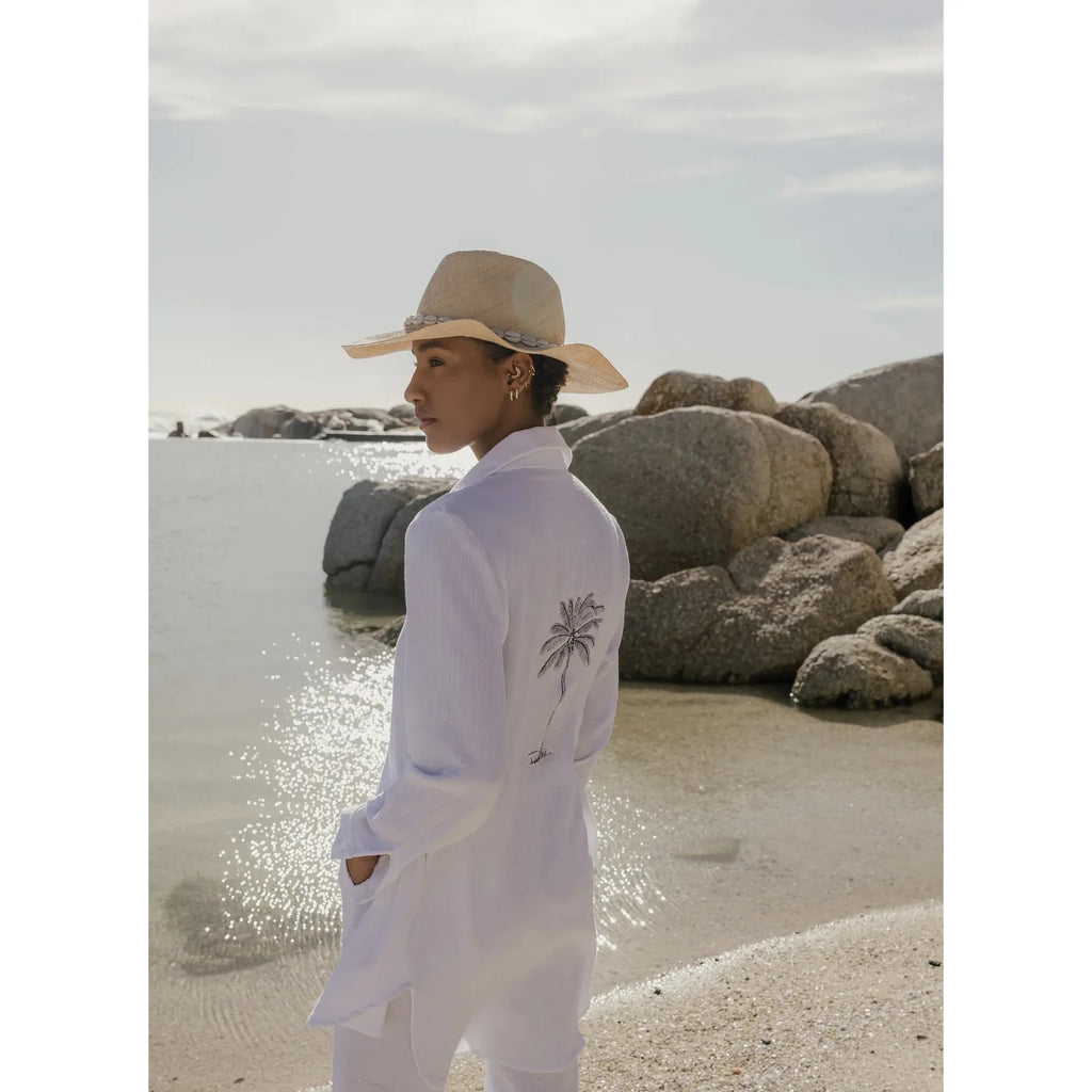 Long beach shirt with palm embroidery