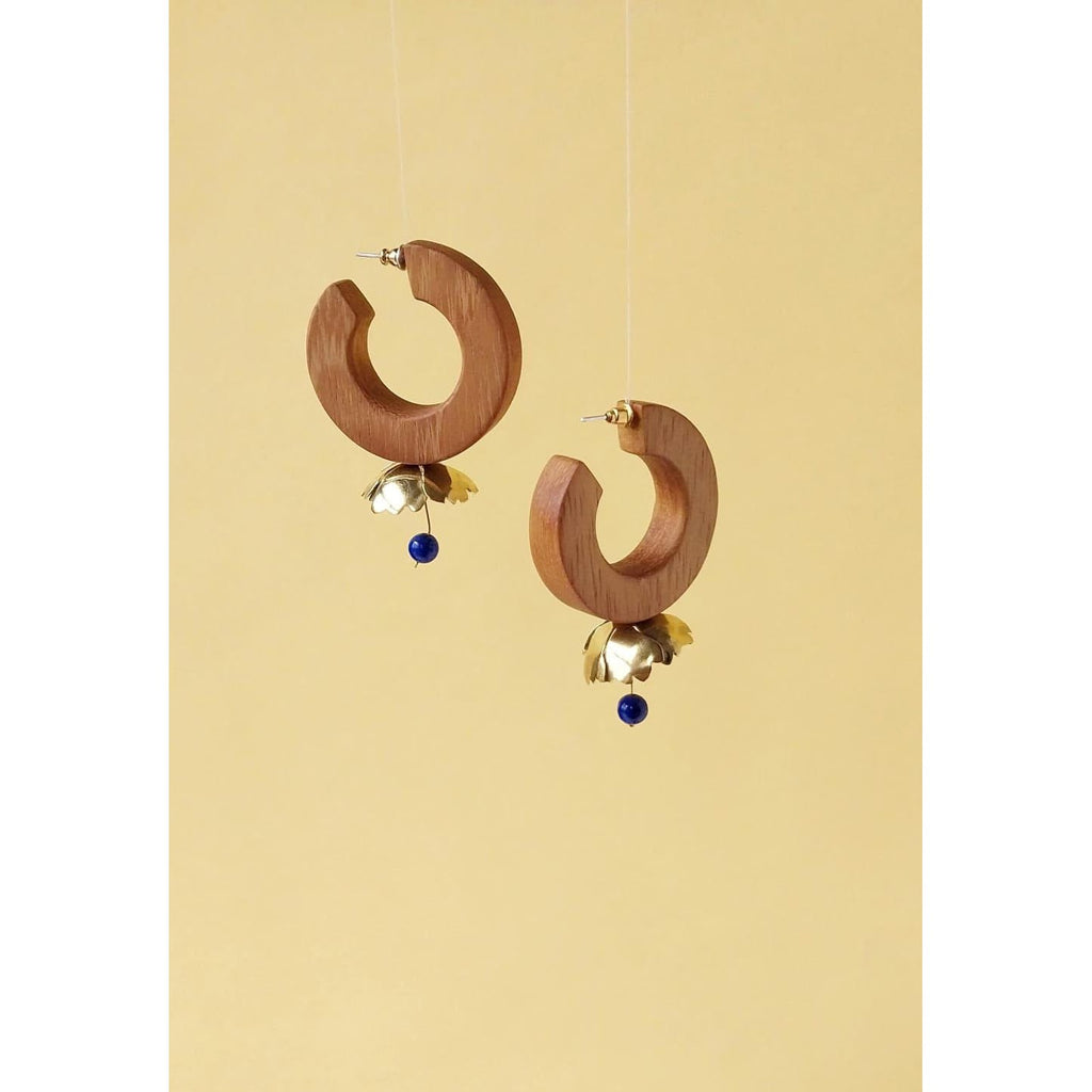 Large Hoop Flower Earring | Iron Wood & Brass Flower with Lapis Lazuli Beads