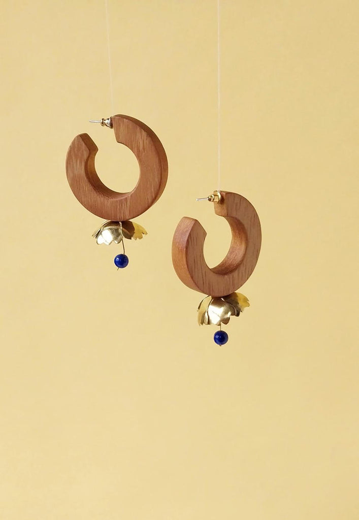 Large Hoop Flower Earring | Iron Wood & Brass Flower with Lapis Lazuli Beads