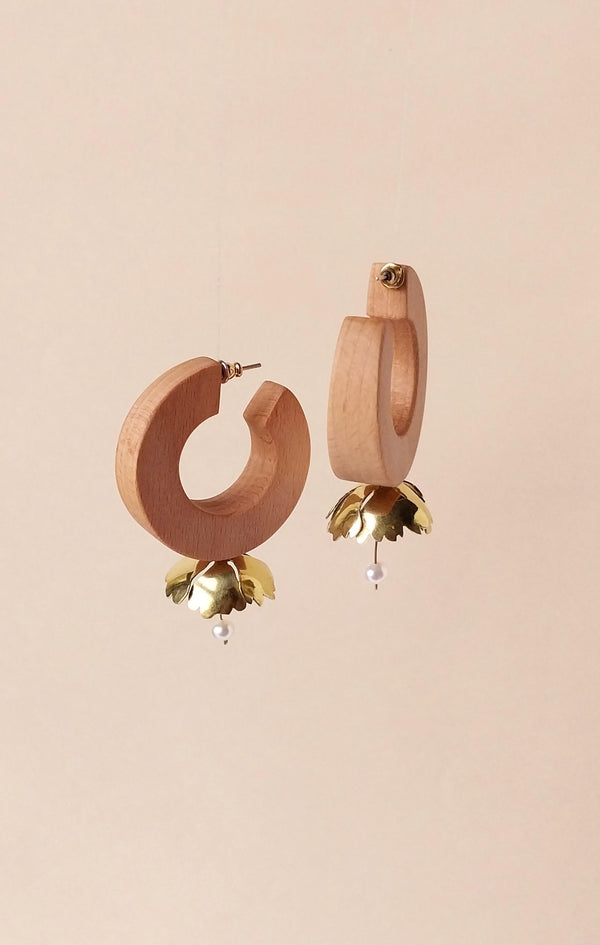 Large Hoop Flower Earring | African Mahogany Wood & Brass Flower with Cultured Pearls